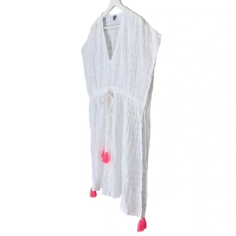 AERIE Coverup Beach Pool Oversized Drawstring Pink Tassels White Womens XS-S